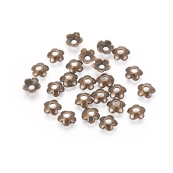 Tibetan Style Alloy Bead Caps, 5-Petal, Lead Free & Cadmium Free & Nickel Free, Antique Bronze, about 6.5mm long, 6.5mm wide, 2mm thick, hole: 2mm