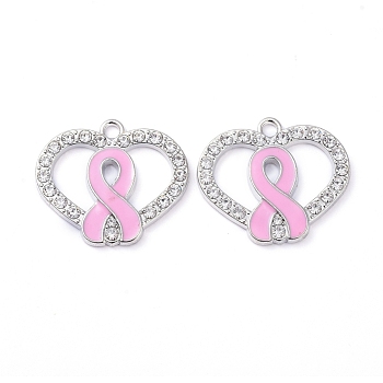 Enamel Alloy Pendants, with Crystal Rhinestone, Heart, with October Breast Cancer Pink Awareness Ribbon, Platinum, 21.5x25x2mm, Hole: 2mm