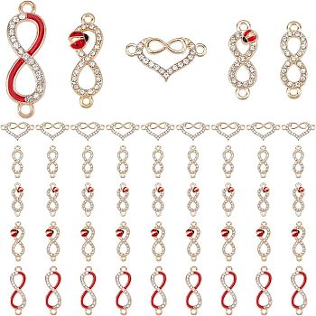 50Pcs 5 Style Alloy Rhinestone connector Charms, with Firebrick Enamel, Mixed Infinity, Light Gold, 22.5~34x8~13x2.5~4mm, Hole: 1.5~2mm, 10pcs/style