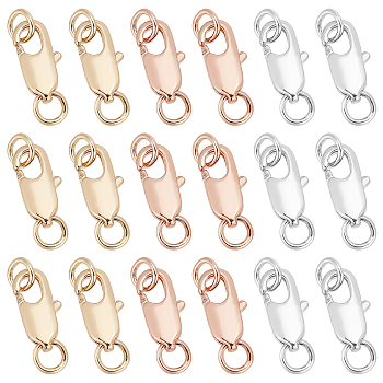 Elite 18Pcs 3 Colors Brass Lobster Claw Clasps, with Jump Rings, for Jewelry Findings, Mixed Color, 12x7x3mm, Hole: 3mm, 6pcs/color