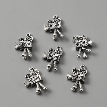Tibetan Style Alloy Pendants,  Projection Machine with Word Movie, Antique Silver, 25x16x7mm, Hole: 1.6mm