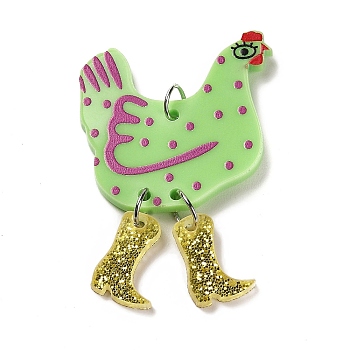 Opaque Printed Acrylic Big Pendants, with Platinum Iron Jump Ring, Hen with Glitter Boots Charms, Light Green, 51.5x34.5x2mm, Hole: 5mm