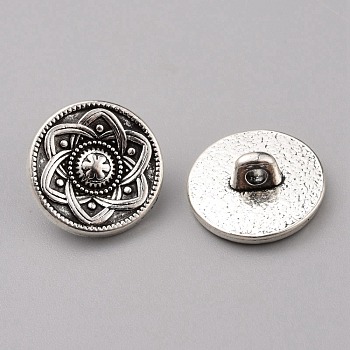 1-Hole Alloy Shank Buttons, Flat Round, Antique Silver, Flower Pattern, 15x6.5mm, Hole: 2.5mm