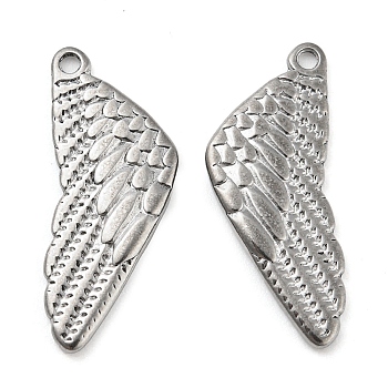 316 Stainless Steel Pendants, Wings Charm, Stainless Steel Color, 25x10x2mm, Hole: 1.4mm