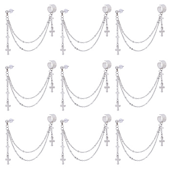 12Pcs 304 Stainless Steel Cuff Earrings, with Cable Chains, Brass Earring Finding and Plastic Ear Nuts, Cross, Stainless Steel Color, 102mm