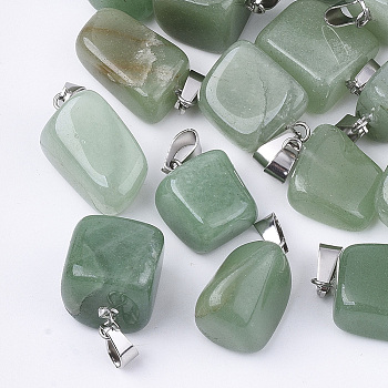 Natural Green Aventurine Pendants, with Stainless Steel Snap On Bails, Nuggets, 15~35x10~20x5~15mm, Hole: 3x7.5mm