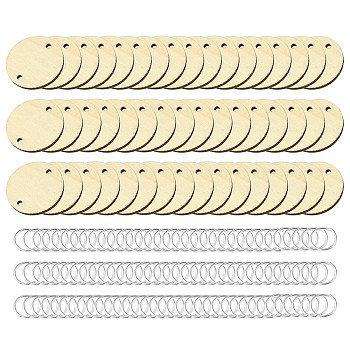 50Pcs Undyed Unfinished Wood Connector Charms, Flat Round Links with 100Pcs Brass Jump Rings, Blanched Almond, Links: 30x2.5mm, Hole: 2.5mm, Rings: 12x1.2mm, Inner Diameter: 9.6mm