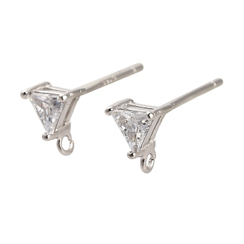 Rhodium Plated 925 Sterling Silver Ear Stud Findings, with Cubic Zirconia, Triangle, 7x5.5mm, Hole: 1mm, Pin: 13x0.9mm