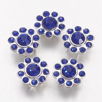 Alloy Multi-Strand Rhinestone Links, Cadmium Free & Lead Free, Grade A, Flower, Silver Color Plated, Sapphire, 12x8mm, Hole: 2mm