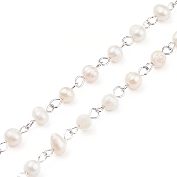 Handmade Natural Freshwater Pearl Beaded Chains, with 304 Stainless Steel Findings, Unwelded, Stainless Steel Color, 6~8x5~6mm, about 3.28 Feet(1m)/Strand