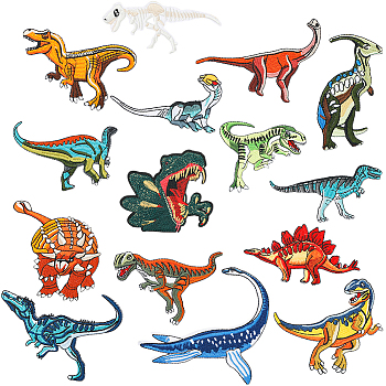 Computerized Embroidery Cloth Iron On/Sew On Patches, Costume Accessories, Appliques, Dinosaur-shaped, Mixed Color, 50~105x55~123x1.5mm, 15pcs/set