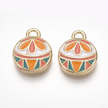 Brass Charms, with Enamel, Flat Round, Nickel Free, Real 18K Gold Plated, 14x11.5x3.5mm, Hole: 1.8mm