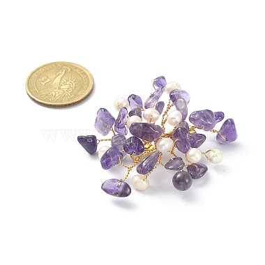 Natural Mixed Gemstone Chips & Pearl Beaded Flower Brooch Pin(JEWB-BR00098)-5