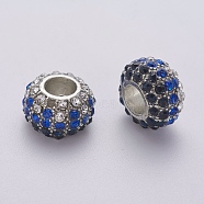 Glass Rhinestone Beads, Large Hole Beads, Alloy, No Metal Core, Lead Free and Cadmium Free, Rondelle, Platinum, White And Blue And Light Purple, about 14.5mm in diameter, 9mm thick, hole: 6mm(X-BSAPH007-22)