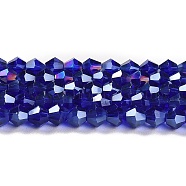 Transparent Electroplate Glass Beads Strands, AB Color Plated, Faceted, Bicone, Dark Blue, 4x4mm, Hole: 0.8mm, about 82~85pcs/strand, 12.01~12.2 inch(30.5~31cm)(EGLA-A039-T4mm-B06)