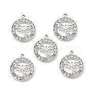 Alloy Crystal Rhinestone Pendants, Flat Round with Hollow Out Dragonfly Charms, Platinum, 21x17.5x3mm, Hole: 2mm(ALRI-C007-64P)