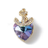 Real 18K Gold Plated Rack Plating Brass Micro Pave Clear Cubic Zirconia Pendants, with Glass, Long-Lasting Plated, Cadmium Free & Lead Free, Boat Anchor & Heart Charm, Medium Purple, 20x12x9mm, Hole: 6x2.5mm(KK-C015-07G-03)