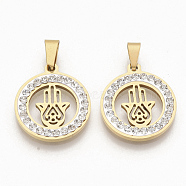 201 Stainless Steel Pendants, with Random Size Snap On Bails and Polymer Clay Crystal Rhinestones, Flat Round with Hamsa Hand/Hand of Fatima/Hand of Miriam, Golden, 23x20x2~3mm, Hole: 8~10x3~5mm(STAS-N089-42G)