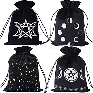 4Pcs 4 Style Star Moon Pattern Velvet Tarot Cards Storage Bags, Tarot Desk Storage Holder, Rectangle, Black, 18x13cm, 1pc/style(TP-CN0001-06)