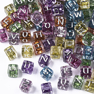 Transparent Acrylic Beads, Horizontal Hole, Cube with Letter, Silver Plated, Mixed Color, 6x6x6mm, Hole: 3mm, about 2900pc/500g(PACR-N006-001)