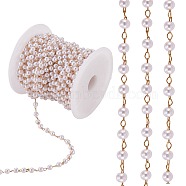 Plastic Imitation Pearl Beaded Chain, with Gold Plated Brass Cable Chains, Soldered, with Spool, for Jewelry Making, WhiteSmoke, 4mm, about 9.4~10m/Roll(JX303A)