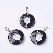 Natural Black Agate Pendants, with Shell, Rhinestone and Platinum Tone Brass Findings, Flat Round with Flower, 35.5~36x28x8mm, Hole: 5x8mm(G-F546-A16)