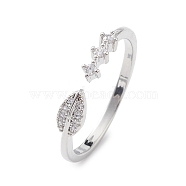 Clear Cubic Zirconia Leaf Open Cuff Ring, Brass Jewelry for Women, Platinum, Inner Diameter: 18mm(RJEW-C056-03P)