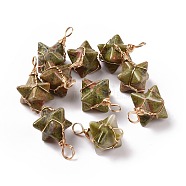 Natural Unakite Copper Wire Wrapped Pendants, Merkaba Star Charms, Golden, 26~31x20~21x13~15mm, Hole: 5~5.5mm(G-B041-02G-17)