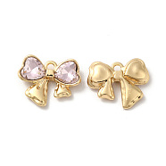 Rack Plating Alloy Charms, Nickel Free, with Glass, Bowknot with Heart Charms, Golden, Pink, 13x16.5x4mm, Hole: 1.6mm(PALLOY-O106-13G-01)