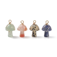 4Pcs 4 Styles Natural Mixed Stone Pendants, Mushroom Charm, Natural Green Aventurine & Cherry Blossom Agate & Dalmatian Jasper & Sodalite, with Light Gold Tone Eco-Friendly Copper Wire Wrapped, 27.5x16mm, Hole: 3mm, 1pc/style(PALLOY-TA00005)