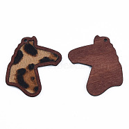 Eco-Friendly Cowhide Leather Big Pendants, with Dyed Wood, Horse's Head with Leopard Print Pattern, Camel, 53.5x42x3mm, Hole: 2mm(FIND-N049-10-07)