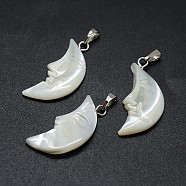 Shell Pendants, with Brass Findings, Moon, Platinum, 22~28x10~13x3~5mm, Hole: 2x5mm(SSHEL-E564-14P)