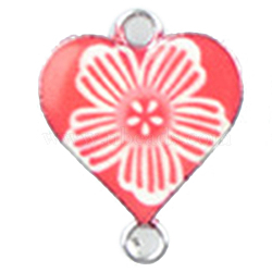 Alloy Enamel Connector Charms, Heart-Shaped Links with Flower Pattern, Platinum, Orange Red, 20x16mm(ENAM-CJC0001-08P-J)