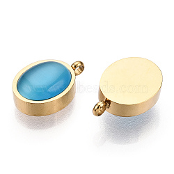 304 Stainless Steel Pendants, Manual Polishing, with Cat Eye, Oval Charm, Real 14K Gold Plated, 14.5x10x5.5mm, Hole: 1.8mm(STAS-T064-15G)