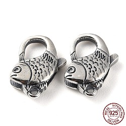 925 Thailand Sterling Silver Lobster Claw Clasps, Fish, with 925 Stamp, Antique Silver, 16x12x4.5mm, Hole: 1.2mm(STER-D003-28AS)