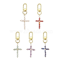 Wire Wrapped Natural Gemstone Cross Pendant Decoration, Alloy Swivel Clasps Charms for Bag Key Chain Ornaments, Golden, 76mm(HJEW-JM01932)