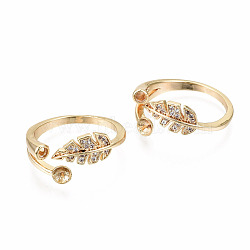 Brass Micro Pave Clear Cubic Zirconia Peg Bails Cuff Finger Ring Settings, for Half Drilled Bead, Nickel Free, Leaf, Real 18K Gold Plated, US Size 8 1/2(18.5mm), Pin: 0.7mm(KK-T056-118G-NF)