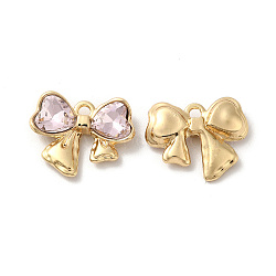 Rack Plating Alloy Charms, Nickel Free, with Glass, Bowknot with Heart Charms, Golden, Pink, 13x16.5x4mm, Hole: 1.6mm(PALLOY-O106-13G-01)