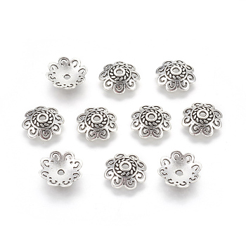 Tibetan Style Bead Caps, Cadmium Free & Lead Free, Flower, Antique Silver, 12x12x4mm, Hole: 1.5mm