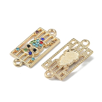 Alloy Rhinestone Connector Charms, Rectangle with Owl, Light Gold, Colorful, 26x11x2~2.5mm, Hole: 1.8mm