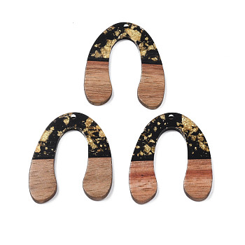 Transparent Resin & Waxed Walnut Wood Pendants, with Gold Foil, Horse Shoe, Black, 37x32x3mm, Hole: 2mm