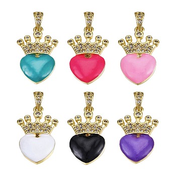 6Pcs 6 Colors Brass Micro Pave Clear Cubic Zirconia Pendants, with Enamel and Brass Snap on Bails, Heart, Mixed Color, 23x14.5x3mm, Hole: 5x2.5mm, 1pc/color