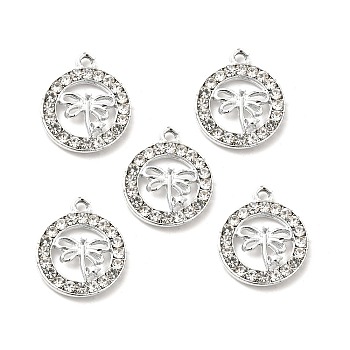 Alloy Crystal Rhinestone Pendants, Flat Round with Hollow Out Dragonfly Charms, Platinum, 21x17.5x3mm, Hole: 2mm