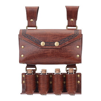 PU Imitation Leather Waist Belt Bag with 4 Cork Glass Bottles, Waist Pouch Side Pack for Halloween Party Role Play, Coconut Brown, 265x175x57mm