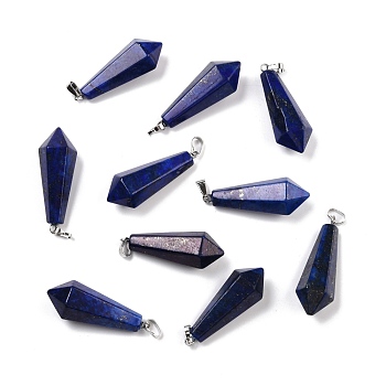 Natural Lapis Lazuli Pointed Pendants, with Platinum Plated Brass Loops, Bullet, 35.3~38x13~14mm, Hole: 6.5x2.8mm