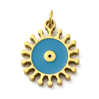 304 Stainless Steel Enamel Pendants, with Jump Ring, Evil Eye Charms, Ion Plating(IP), Real 18K Gold Plated, Dodger Blue, 15x12.5x1.5mm, Hole: 2.4mm