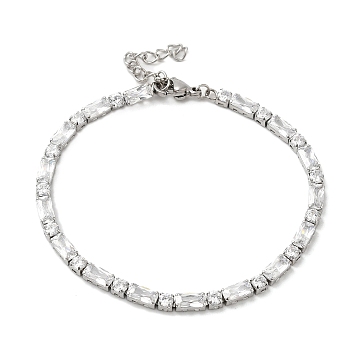 Cubic Zirconia Tennis Bracelet, 304 Stainless Steel Square & Rectangle Link Chain Bracelet, Clear, 6-3/4 inch(17.3cm)