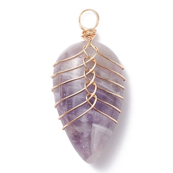 Natural Amethyst Pendants, with Light Gold Tone Copper Wire Wrapped, Water Drop, 35~36x16~17x8.5mm, Hole: 4mm
