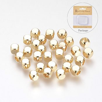 Brass Spacer Beads, Cube, Nickel Free, Real 18K Gold Plated, 4x4x4mm, Hole: 2.5mm