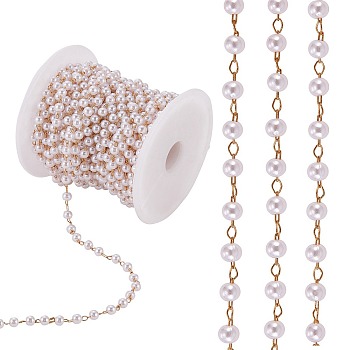 Plastic Imitation Pearl Beaded Chain, with Gold Plated Brass Cable Chains, Soldered, with Spool, for Jewelry Making, WhiteSmoke, 4mm, about 32.81 Feet(10m)/Roll